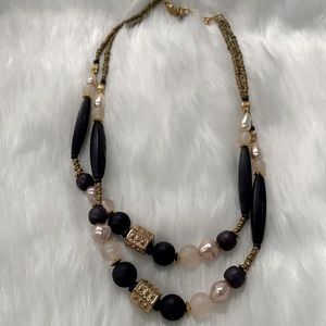 NECKLACE - DARK PURPLE + SOFT PINK + GOLD BEADS
